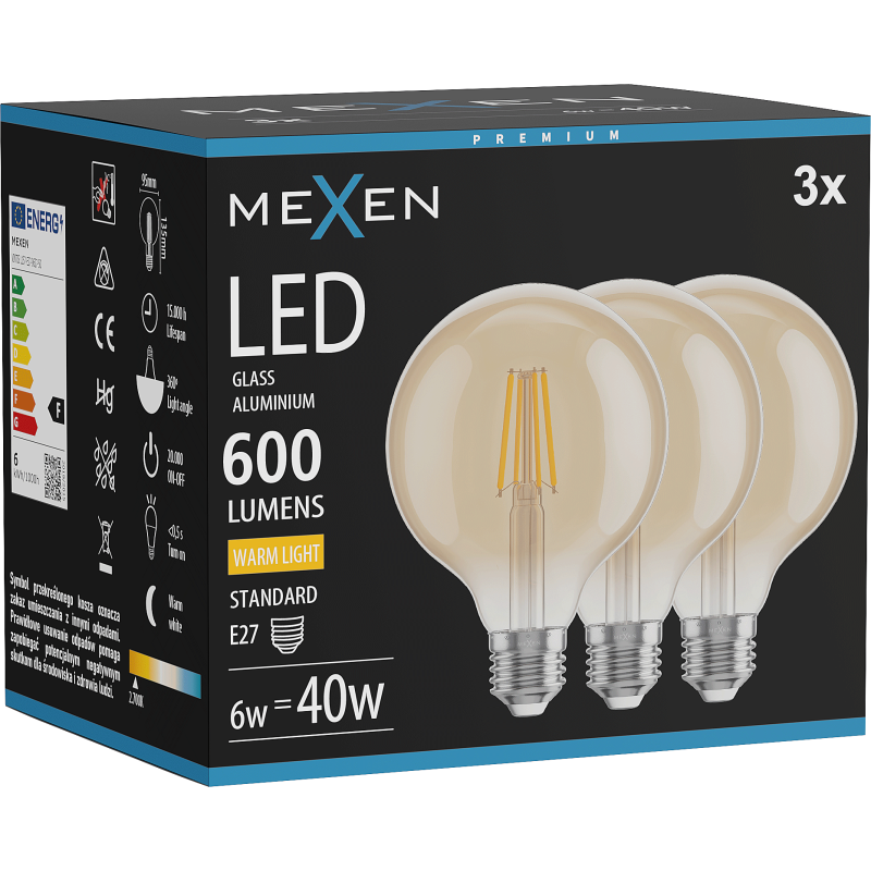 Mexen Vintis 3x LED filament žarnica E27, G95, 6W, Topla - 2700K, 600 lm, jantarna - L157-E27-0627-50x03