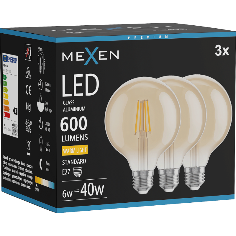 Mexen Vintis 3x żarówka filament LED E27, G95, 6W, Ciepła - 2700K, 600 lm, amber - L157-E27-0627-50x03