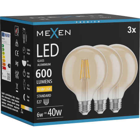 Mexen Vintis 3x żarówka filament LED E27, G95, 6W, Ciepła - 2700K, 600 lm, amber - L157-E27-0627-50x03