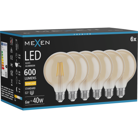 Mexen Vintis 6x LED žarnica filament E27, G95, 6W, Topla - 2700K, 600 lm, jantarna - L157-E27-0627-50x06