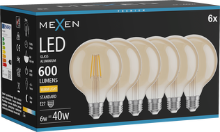 Mexen Vintis 6x LED hõõgniidiga pirn E27, G95, 6W, Soe - 2700K, 600 lm, merevaik - L157-E27-0627-50x06