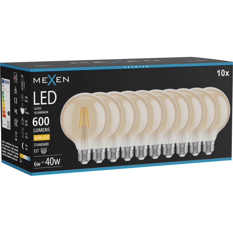 Mexen Vintis 10x LED filament gloeilamp E27, G95, 6W, Warm - 2700K, 600 lm, amber - L157-E27-0627-50x10