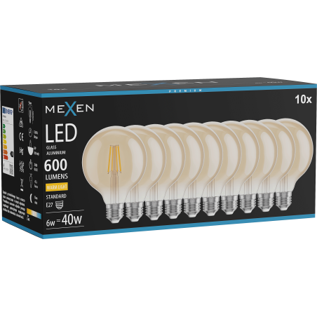 Mexen Vintis 10x LED filamenta spuldze E27, G95, 6W, Silts - 2700K, 600 lm, dzintara - L157-E27-0627-50x10