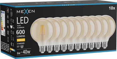Mexen Vintis 10x LED hõõgniidiga lamp E27, G95, 6W, Soe - 2700K, 600 lm, merevaik - L157-E27-0627-50x10