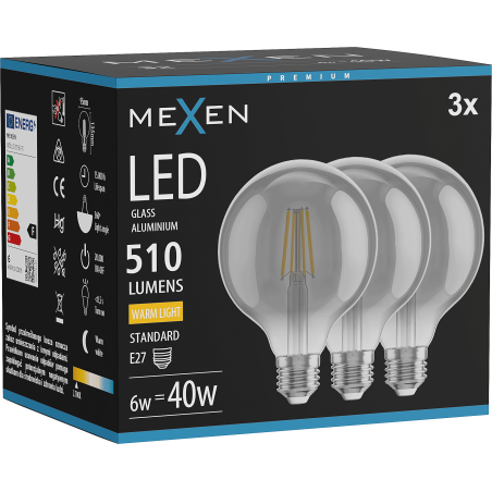 Mexen Vintis 3x LED Filament Bulb E27, G95, 6W, Warm - 2700K, 510 lm, smoke - L157-E27-0627-70x03