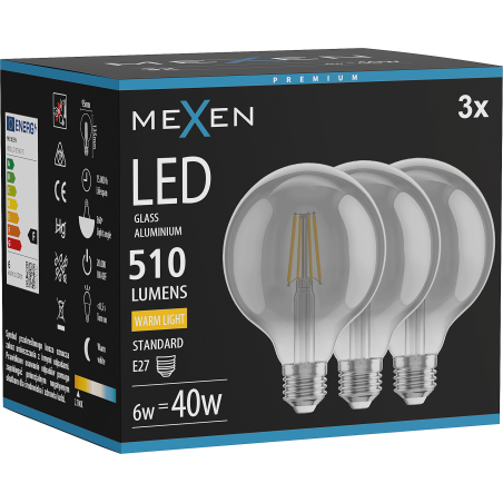 Mexen Vintis 3x żarówka filament LED E27, G95, 6W, Ciepła - 2700K, 510 lm, smoke - L157-E27-0627-70x03