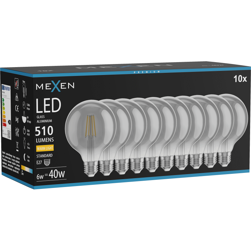 Mexen Vintis 10x ampoule à filament LED E27, G95, 6W, Chaude - 2700K, 510 lm, fumée - L157-E27-0627-70x10