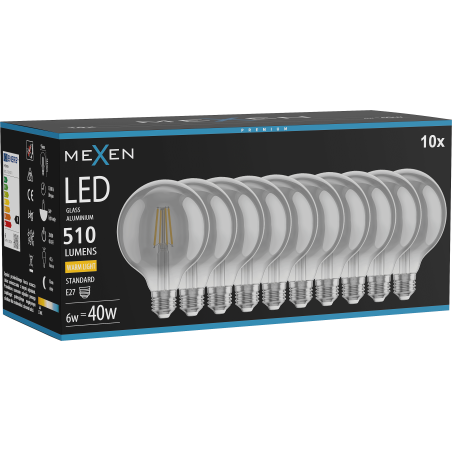 Mexen Vintis 10x ampoule à filament LED E27, G95, 6W, Chaude - 2700K, 510 lm, fumée - L157-E27-0627-70x10