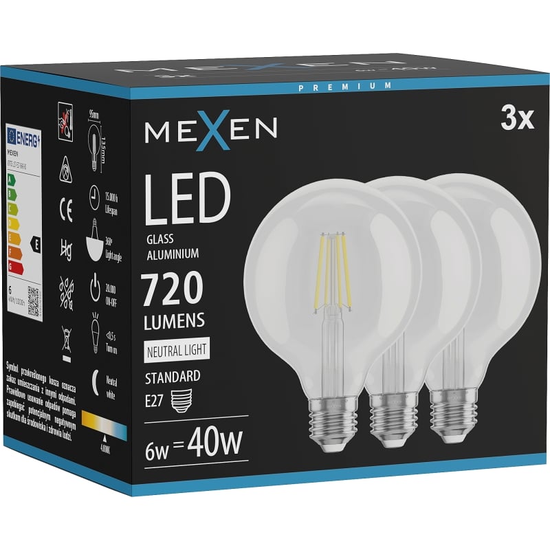 Mexen Vintis 3x Lampadina a filamento LED E27, G95, 6W, Neutra - 4000K, 720 lm, trasparente - L157-E27-0640-00x03