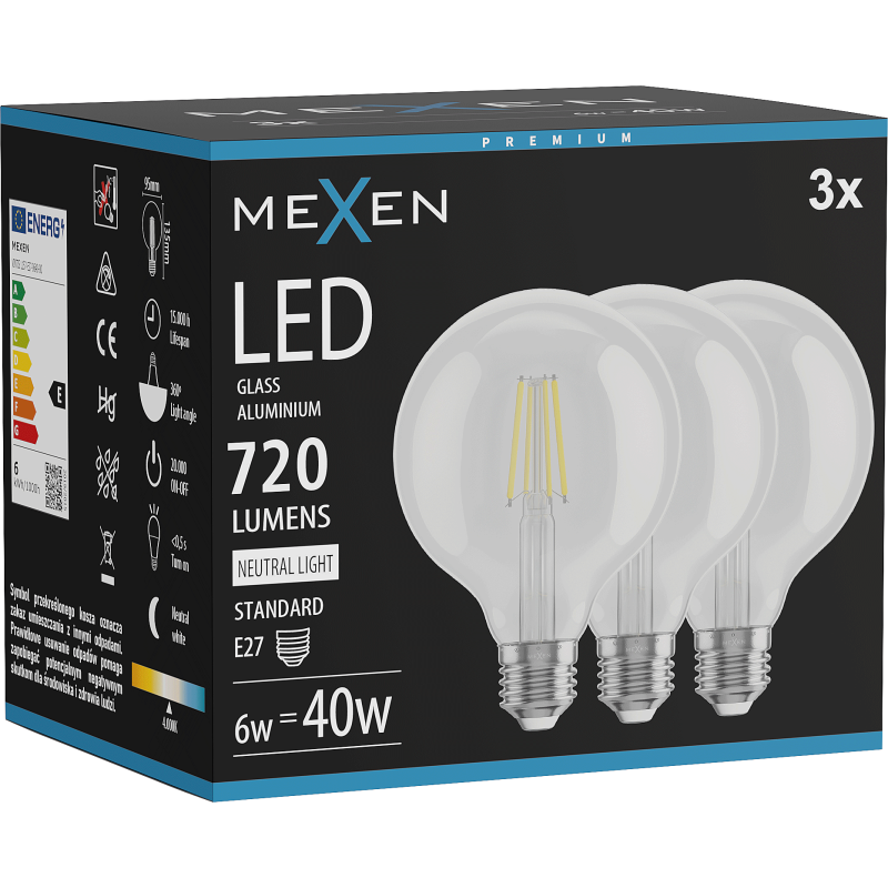 Mexen Vintis 3x LED kvēldiega spuldze E27, G95, 6W, Neitrāla - 4000K, 720 lm, caurspīdīga - L157-E27-0640-00x03