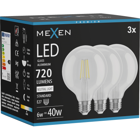 Mexen Vintis 3x LED filamentlampa E27, G95, 6W, Neutral - 4000K, 720 lm, klar - L157-E27-0640-00x03