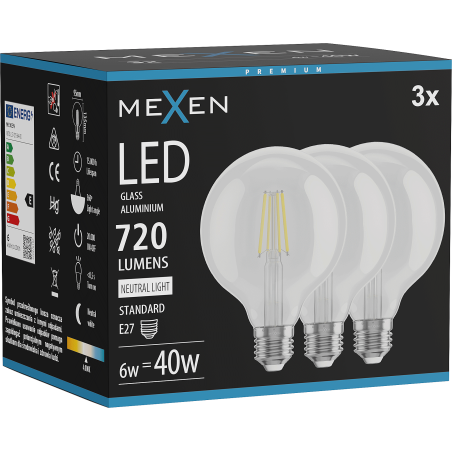 Mexen Vintis 3x LED kvēldiega spuldze E27, G95, 6W, Neitrāla - 4000K, 720 lm, caurspīdīga - L157-E27-0640-00x03