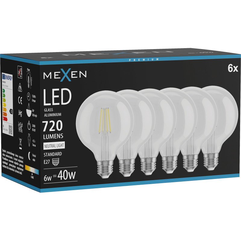 Mexen Vintis 6x Bombilla LED de filamento E27, G95, 6W, Neutral - 4000K, 720 lm, clear - L157-E27-0640-00x06