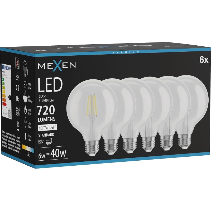 Mexen Vintis 6x LED filamentglödlampa E27, G95, 6W, Neutral - 4000K, 720 lm, klar - L157-E27-0640-00x06