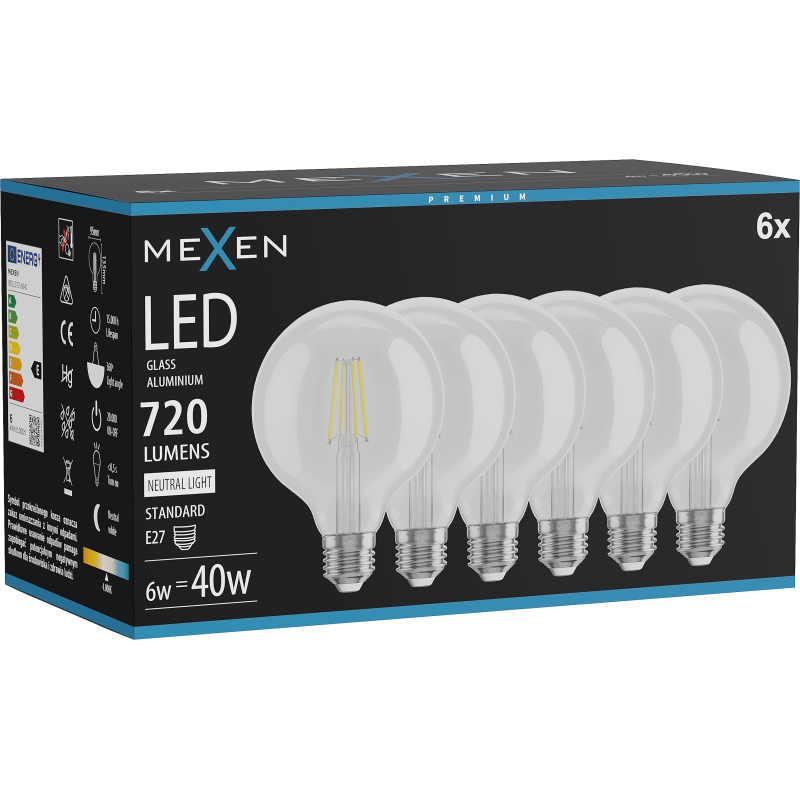 Mexen Vintis 6x LED spuldze filament E27, G95, 6W, Neitrāls - 4000K, 720 lm, caurspīdīgs - L157-E27-0640-00x06