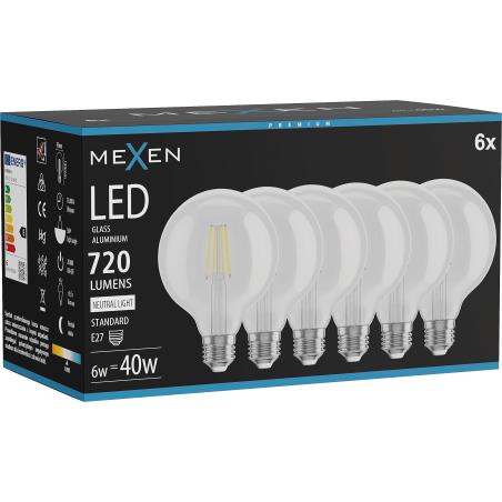 Mexen Vintis 6x LED filamentglödlampa E27, G95, 6W, Neutral - 4000K, 720 lm, klar - L157-E27-0640-00x06