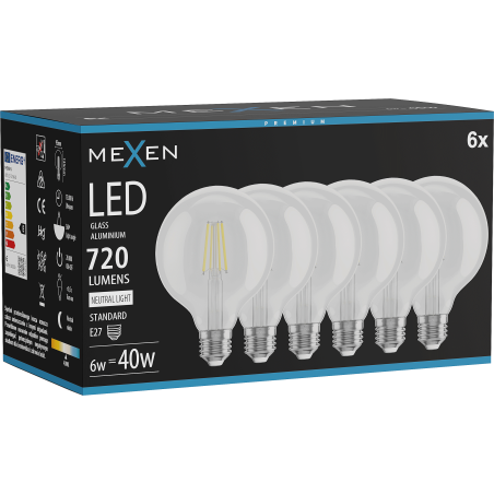 Mexen Vintis 6x LED spuldze filament E27, G95, 6W, Neitrāls - 4000K, 720 lm, caurspīdīgs - L157-E27-0640-00x06