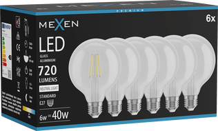 Mexen Vintis 6x LED žarulja s filamentom E27, G95, 6W, Neutralna - 4000K, 720 lm, prozirna - L157-E27-0640-00x06