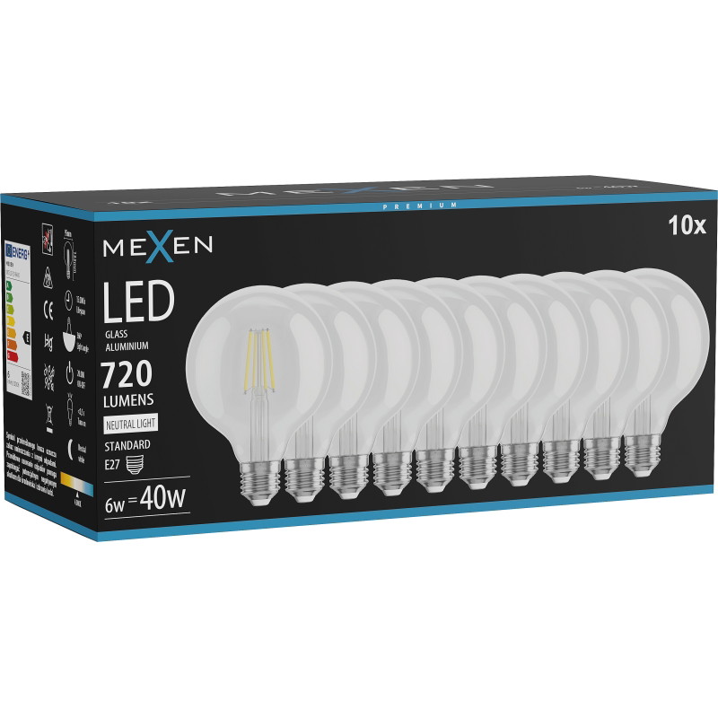 Mexen Vintis 10x LED filament lamp E27, G95, 6W, Neutraal - 4000K, 720 lm, helder - L157-E27-0640-00x10