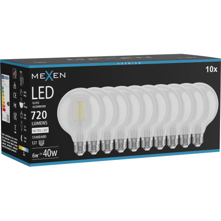 Mexen Vintis 10x LED pavedienu spuldze E27, G95, 6W, Neitrāla - 4000K, 720 lm, caurspīdīga - L157-E27-0640-00x10
