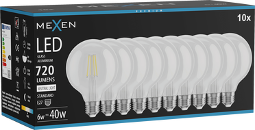 Mexen Vintis 10x LED-filamentlamp E27, G95, 6W, Neutraal - 4000K, 720 lm, läbipaistev - L157-E27-0640-00x10