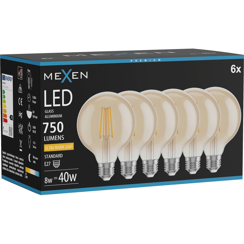 Mexen Vintis 6x LED filamentlamp E27, G95, 8W, Warm - 2200K, 750 lm, amber - L157-E27-0822-50x06