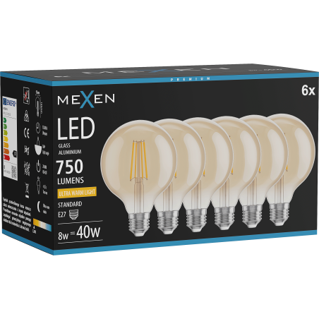 Mexen Vintis 6x Bombilla de filamento LED E27, G95, 8W, Cálida - 2200K, 750 lm, ámbar - L157-E27-0822-50x06