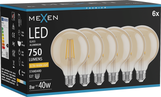 Mexen Vintis 6x Λάμπα νήματος LED E27, G95, 8W, Θερμή - 2200K, 750 lm, κεχριμπαρένιο