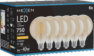 Mexen Vintis 6x LED filamentlamp E27, G95, 8W, Warm - 2200K, 750 lm, amber - L157-E27-0822-50x06