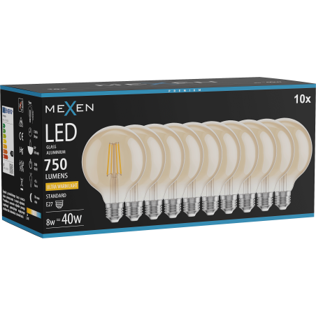 Mexen Vintis 10x LED šķiedras spuldze E27, G95, 8W, Silta - 2200K, 750 lm, dzintara - L157-E27-0822-50x10