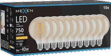 Mexen Vintis 10x LED šķiedras spuldze E27, G95, 8W, Silta - 2200K, 750 lm, dzintara - L157-E27-0822-50x10