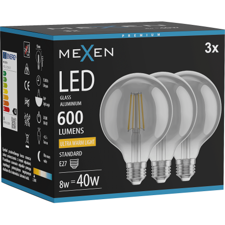 Mexen Vintis 3x LED filament žarnica E27, G95, 8W, Topla - 2200K, 600 lm, dimljena - L157-E27-0822-70x03