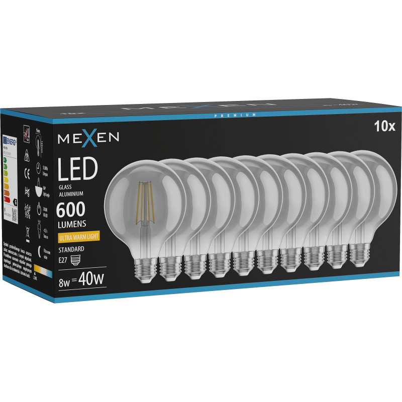Mexen Vintis 10x LED Filament Lamp E27, G95, 8W, Warm - 2200K, 600 lm, rook - L157-E27-0822-70x10