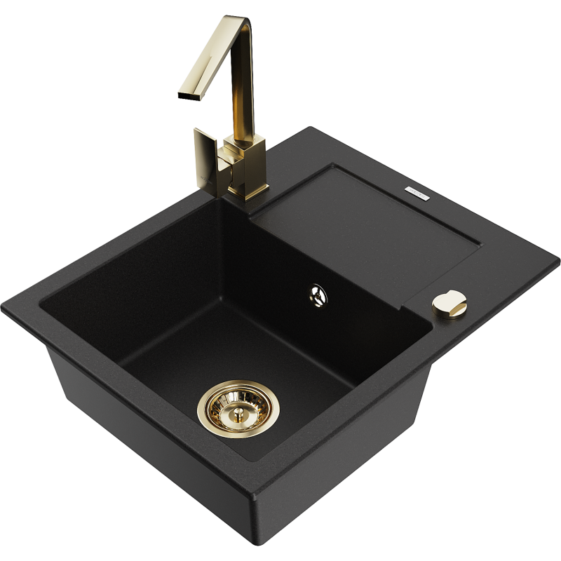 Mexen Enzo fregadero de granito de un seno con escurridor y grifo de cocina Rita, negro - 6506-77-670300-50