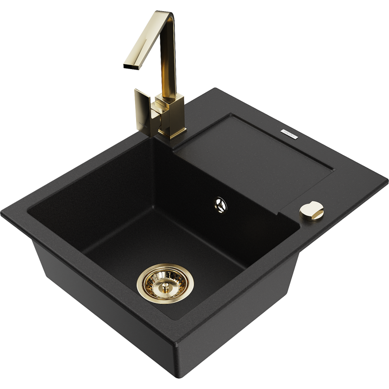 Mexen Enzo granieten spoelbak 1-kompartement met afdruiprek en keukenkraan Rita, zwart - 6506-77-670300-50