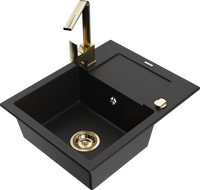 Mexen Enzo granite kitchen sink single-bowl with drainer and Rita kitchen tap, black - 6506-77-670300-50