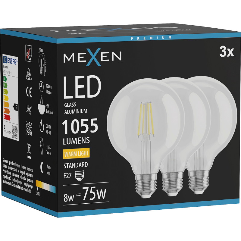 Mexen Vintis 3x LED-filamenttilamppu E27, G95, 8W, Lämmin - 2700K, 1055 lm, kirkas - L157-E27-0827-00x03