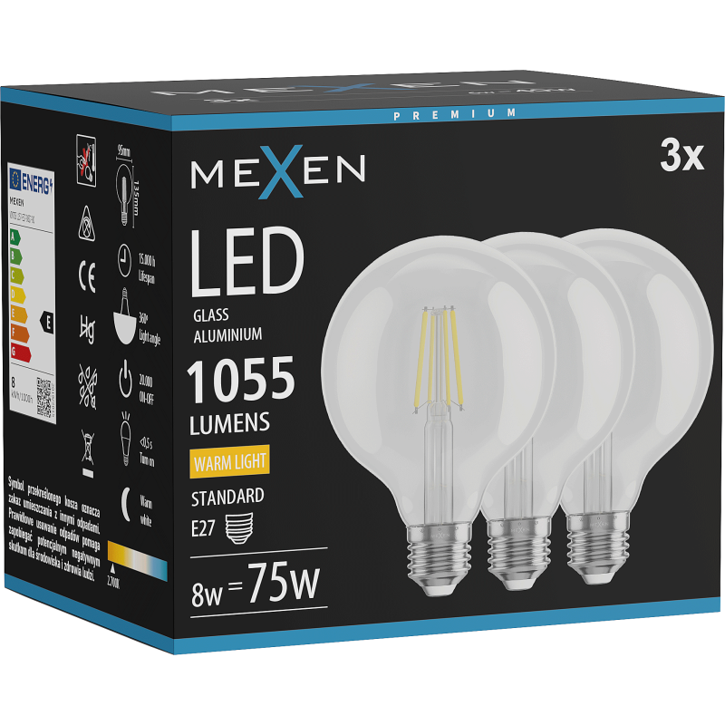 Mexen Vintis 3x LED pavedienu spuldze E27, G95, 8W, Silts - 2700K, 1055 lm, caurspīdīgs - L157-E27-0827-00x03