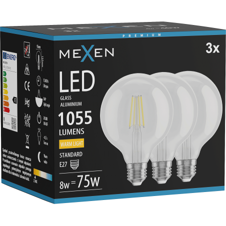 Mexen Vintis 3x Lampadina LED a filamento E27, G95, 8W, Calda - 2700K, 1055 lm, chiara - L157-E27-0827-00x03