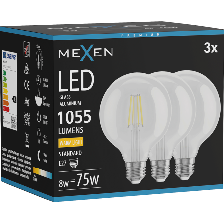 Mexen Vintis 3x LED pavedienu spuldze E27, G95, 8W, Silts - 2700K, 1055 lm, caurspīdīgs - L157-E27-0827-00x03