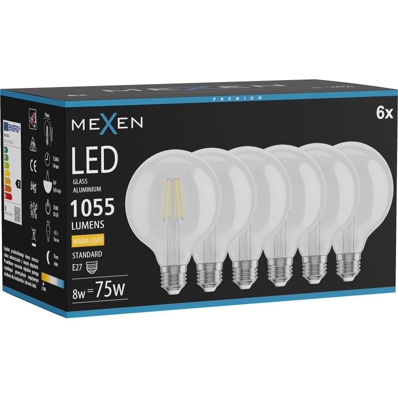 Mexen Vintis 6x LED-Filament-Glühbirne E27, G95, 8W, Warm - 2700K, 1055 lm, klar - L157-E27-0827-00x06