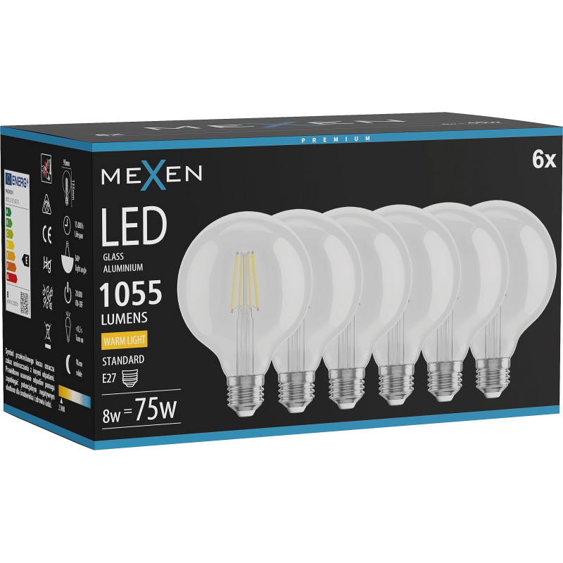 Mexen Vintis 6x LED-filamentlampa E27, G95, 8W, Varm - 2700K, 1055 lm, klar - L157-E27-0827-00x06