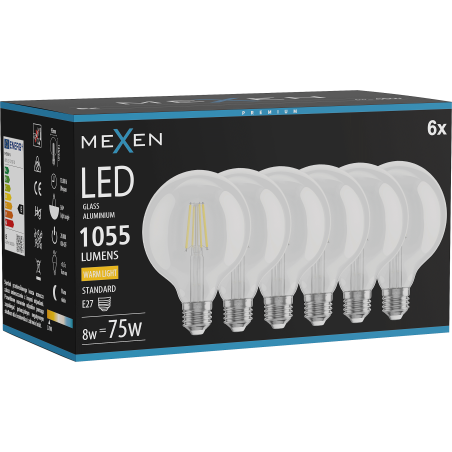 Mexen Vintis 6x LED-Filament-Glühbirne E27, G95, 8W, Warm - 2700K, 1055 lm, klar - L157-E27-0827-00x06