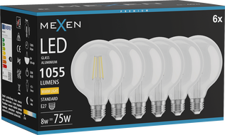 Mexen Vintis 6x LED E27 filamendiga pirn, G95, 8W, Soe - 2700K, 1055 lm, läbipaistev - L157-E27-0827-00x06