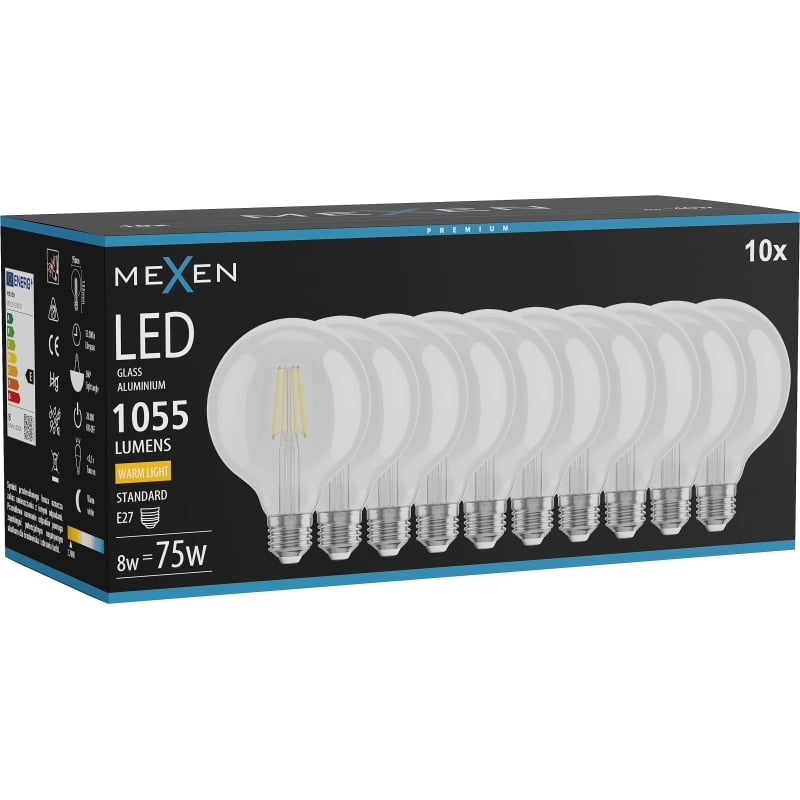 Mexen Vintis 10x Lampadina LED filament E27, G95, 8W, Calda - 2700K, 1055 lm, trasparente - L157-E27-0827-00x10