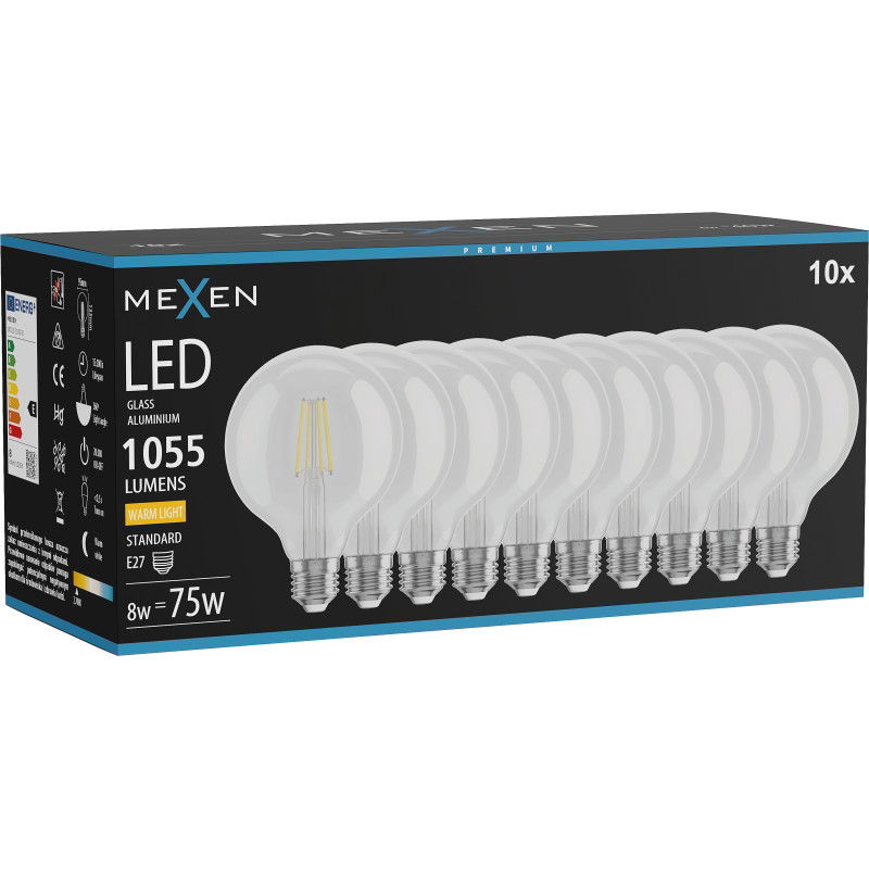 Mexen Vintis 10x LED filamentlamp E27, G95, 8W, Warm - 2700K, 1055 lm, helder - L157-E27-0827-00x10
