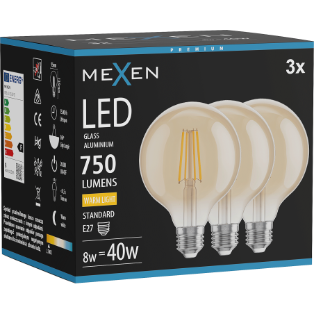 Mexen Vintis 3x LED filamenta spuldze E27, G95, 8W, Silti - 2700K, 750 lm, dzintars - L157-E27-0827-50x03