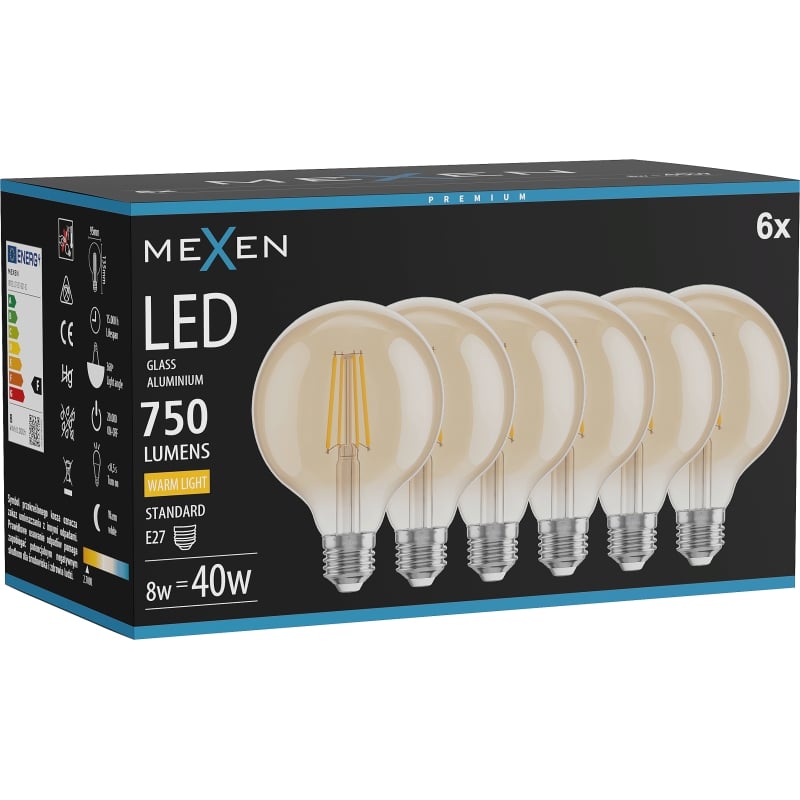Mexen Vintis 6x Lampadina a filamento LED E27, G95, 8W, Calda - 2700K, 750 lm, ambra - L157-E27-0827-50x06