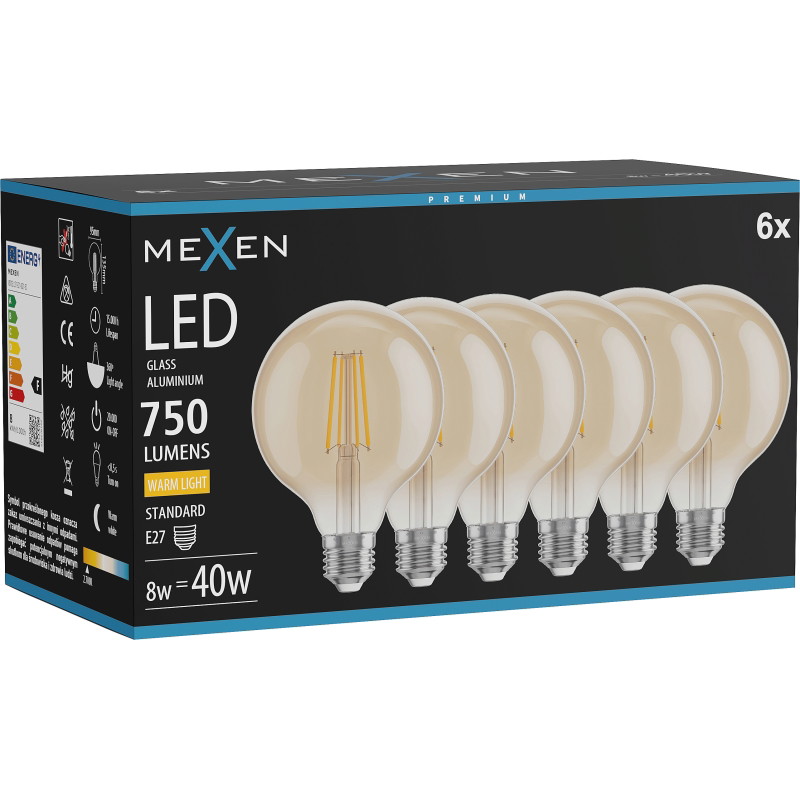 Mexen Vintis 6x LED filamentlamp E27, G95, 8W, Warm - 2700K, 750 lm, amber - L157-E27-0827-50x06