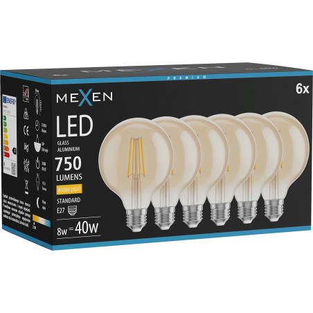 Mexen Vintis 6x LED filament spuldze E27, G95, 8W, Silta - 2700K, 750 lm, dzintars - L157-E27-0827-50x06